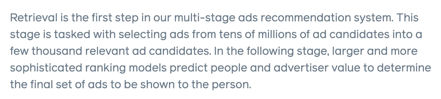 Meta Engineering: retrieval selects ads from tens of millions of candidates into a few thousand